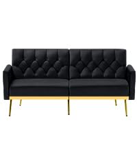 Velvet Sofa Bed w/Adjustable Armrests and Backrests, Modern Convertible Sleeper Sofa, Tufted Futon Sofa for Bedroom, Living Room, Apartment, Orange