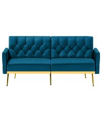 Velvet Sofa Bed w/Adjustable Armrests and Backrests, Modern Convertible Sleeper Sofa, Tufted Futon Sofa for Bedroom, Living Room, Apartment, Orange