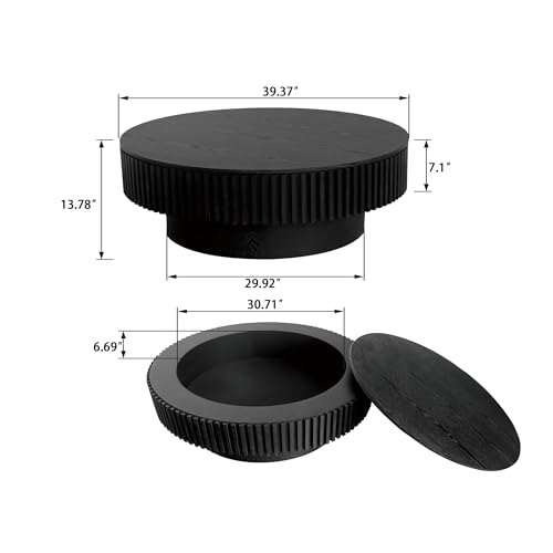 31.5" Round Drum Coffee Table with Storage, Handcraft Fluted Drum Coffee Table, Modern Wooden Circle Cocktail Tea Table Center Table with Sturdy Pedestal for Living Room Apartment (Walnut)
