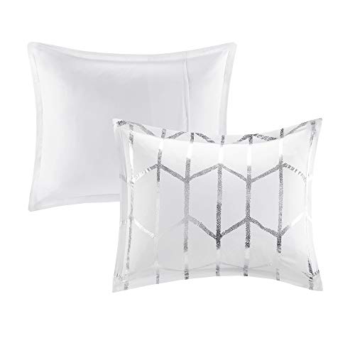 Intelligent Design, Soft Microfiber Comforter Modern Geometric Metallic Bed Set, Full/Queen, Grey/Silver