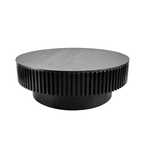 31.5" Round Drum Coffee Table with Storage, Handcraft Fluted Drum Coffee Table, Modern Wooden Circle Cocktail Tea Table Center Table with Sturdy Pedestal for Living Room Apartment (Walnut)