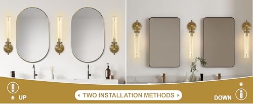 Brass Wall Sconces Set of Two, 19" Knurled Gold Sconces Wall Lighting, Tube Glass Bathroom Sconces Wall Lights for Bedroom Living Room Vanity Sconce Wall Lamp for Hallway, Staircase