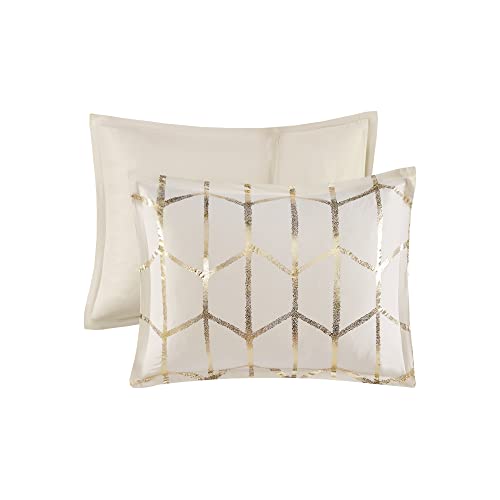 Intelligent Design, Soft Microfiber Comforter Modern Geometric Metallic Bed Set, Full/Queen, Grey/Silver