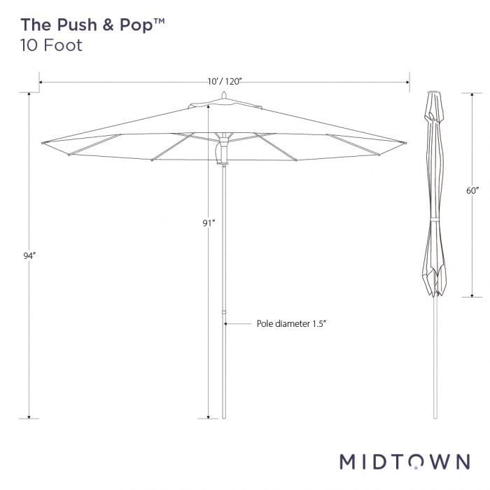 Midtown Umbrellas Push and Pop 9 Feet Outdoor Umbrella With Terylast Black/White Stripes Polyester Fabric - Fiberglass Ribs Deck Patio, Backyard, Garden & Pool - Silver Pole