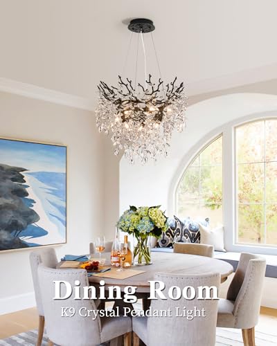 Modern Tree Branch Crystal Chandelier Luxury Silver Crystal Pendant Lighting 18" Contemporary 6-Light Chandeliers for Dining Room Kitchen Bedroom Living Room