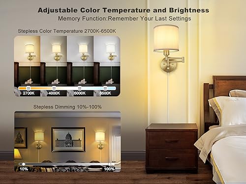 Plug in Wall Sconces with Remote Control, Dimming 10%-100% & Adjustable Colors 2700K-6500K, Hardwire or Plug-in, Swing Arm Wall Lamp with Linen Fabric Shade, Wall Sconces Set of Two, Black Finish