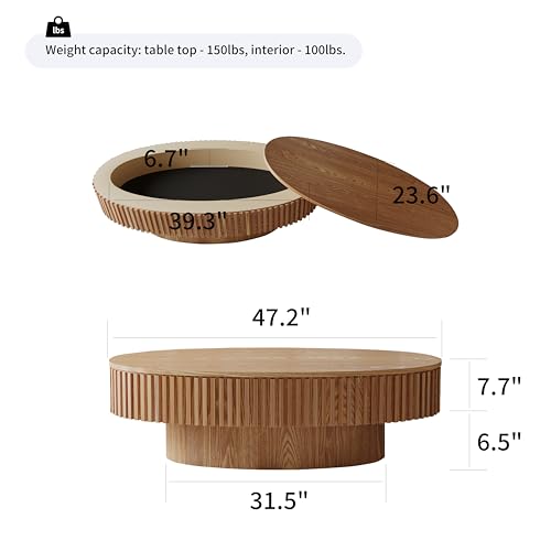 31.5" Round Drum Coffee Table with Storage, Handcraft Fluted Drum Coffee Table, Modern Wooden Circle Cocktail Tea Table Center Table with Sturdy Pedestal for Living Room Apartment (Walnut)