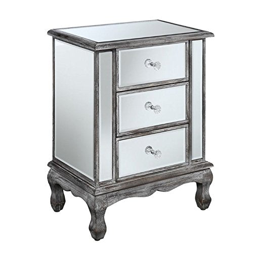 Convenience Concepts Gold Coast Vineyard Mirrored End Table 19" - Living Room Table with 3 Drawers for Storage, Nightstand Side Table, Weathered White/Mirror