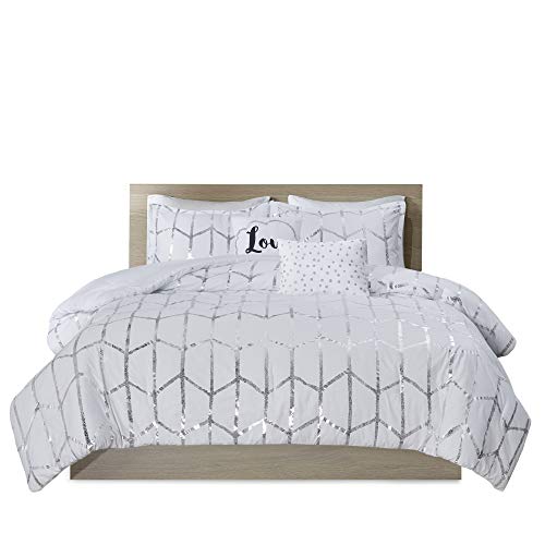 Intelligent Design, Soft Microfiber Comforter Modern Geometric Metallic Bed Set, Full/Queen, Grey/Silver