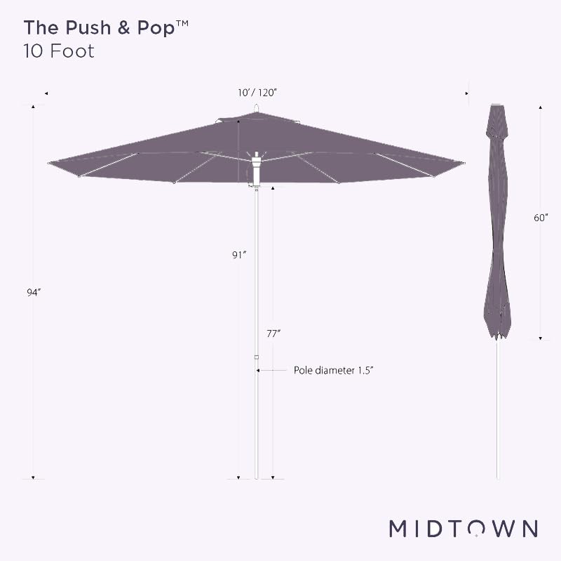 Midtown Umbrellas Push and Pop 9 Feet Outdoor Umbrella With Terylast Black/White Stripes Polyester Fabric - Fiberglass Ribs Deck Patio, Backyard, Garden & Pool - Silver Pole