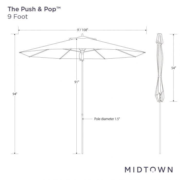 Midtown Umbrellas Push and Pop 9 Feet Outdoor Umbrella With Terylast Black/White Stripes Polyester Fabric - Fiberglass Ribs Deck Patio, Backyard, Garden & Pool - Silver Pole