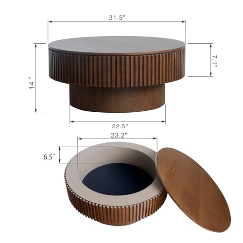 31.5" Round Drum Coffee Table with Storage, Handcraft Fluted Drum Coffee Table, Modern Wooden Circle Cocktail Tea Table Center Table with Sturdy Pedestal for Living Room Apartment (Walnut)