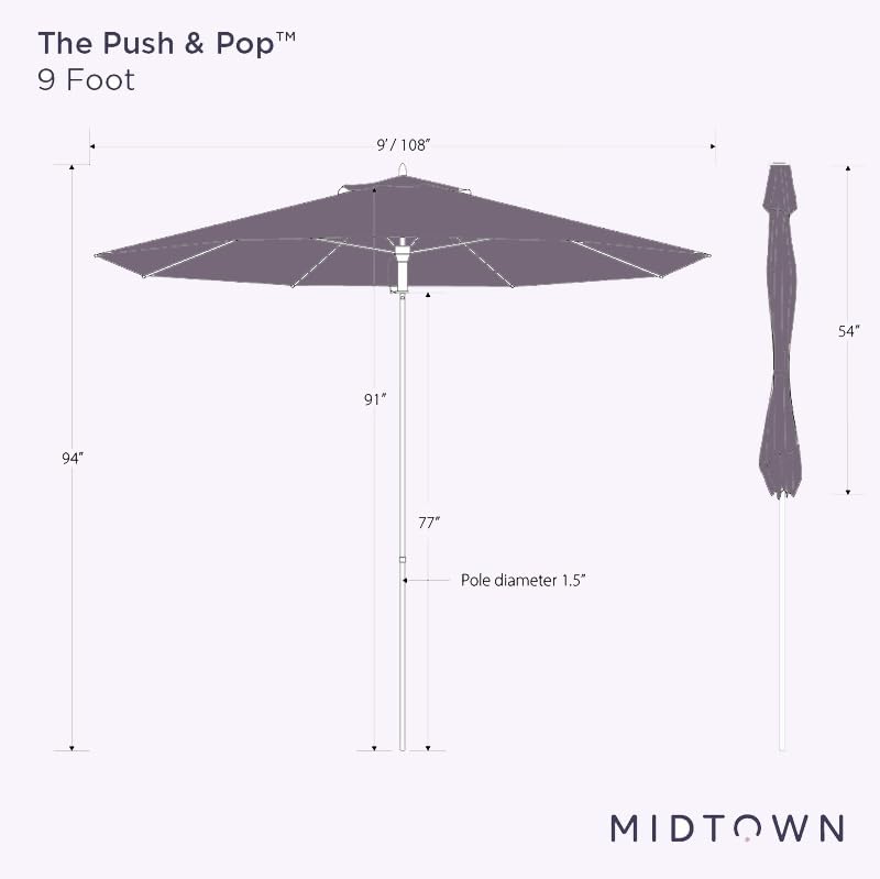 Midtown Umbrellas Push and Pop 9 Feet Outdoor Umbrella With Terylast Black/White Stripes Polyester Fabric - Fiberglass Ribs Deck Patio, Backyard, Garden & Pool - Silver Pole