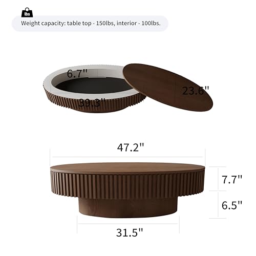 31.5" Round Drum Coffee Table with Storage, Handcraft Fluted Drum Coffee Table, Modern Wooden Circle Cocktail Tea Table Center Table with Sturdy Pedestal for Living Room Apartment (Walnut)
