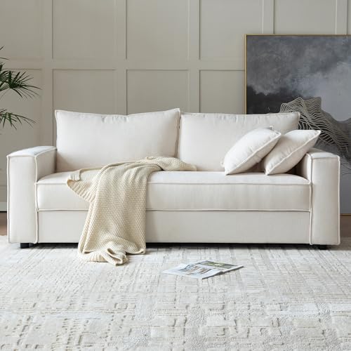 PINJU Three Person Sofa with Wide Upholstered Chaise Lounge Sofa, Linen Fabric, Easy to Assemble, No Noise (Turquoise)