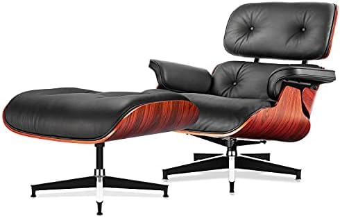 Top Black Grain Leather, Mid Century Chaise Lounge Chair and Ottoman, Modern Chair Classic Design, Walnut Wood, Heavy Duty Base Support for Living Room Office