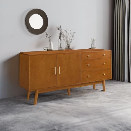Walker Edison Mid-Century Modern Wood Kitchen Buffet Sideboard Entryway Serving Storage Cabinet Doors-Dining Room Console, 70 Inch, Walnut
