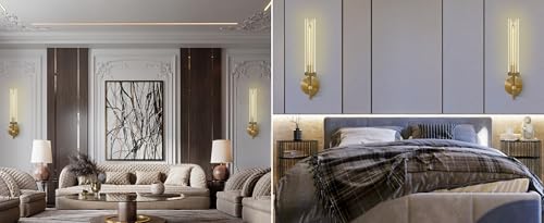 Brass Wall Sconces Set of Two, 19" Knurled Gold Sconces Wall Lighting, Tube Glass Bathroom Sconces Wall Lights for Bedroom Living Room Vanity Sconce Wall Lamp for Hallway, Staircase