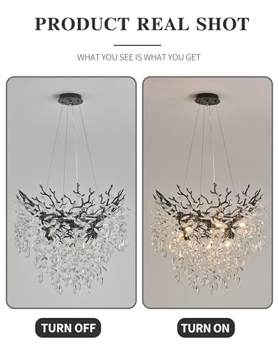 Modern Tree Branch Crystal Chandelier Luxury Silver Crystal Pendant Lighting 18" Contemporary 6-Light Chandeliers for Dining Room Kitchen Bedroom Living Room