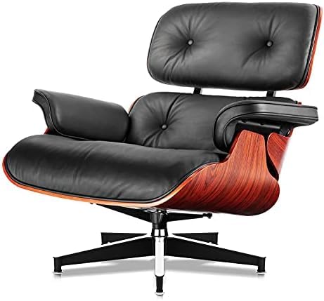Top Black Grain Leather, Mid Century Chaise Lounge Chair and Ottoman, Modern Chair Classic Design, Walnut Wood, Heavy Duty Base Support for Living Room Office