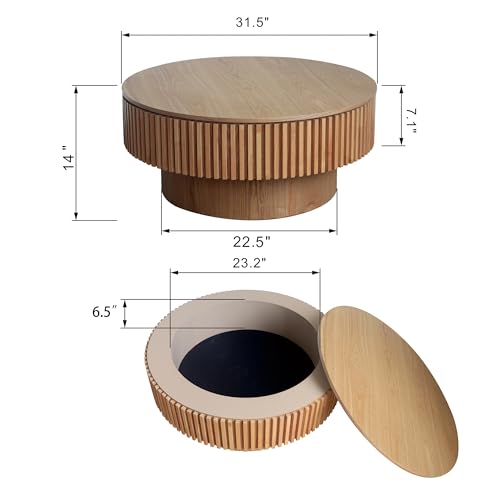 31.5" Round Drum Coffee Table with Storage, Handcraft Fluted Drum Coffee Table, Modern Wooden Circle Cocktail Tea Table Center Table with Sturdy Pedestal for Living Room Apartment (Walnut)
