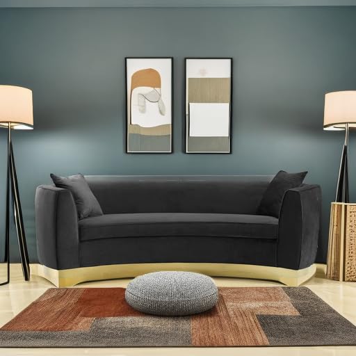Modway Resolute Retro Modern Curved Back Upholstered Velvet with Two Throw Pillows, Sofa, Navy