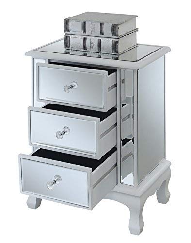 Convenience Concepts Gold Coast Vineyard Mirrored End Table 19" - Living Room Table with 3 Drawers for Storage, Nightstand Side Table, Weathered White/Mirror