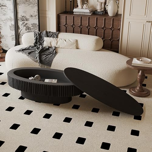 31.5" Round Drum Coffee Table with Storage, Handcraft Fluted Drum Coffee Table, Modern Wooden Circle Cocktail Tea Table Center Table with Sturdy Pedestal for Living Room Apartment (Walnut)