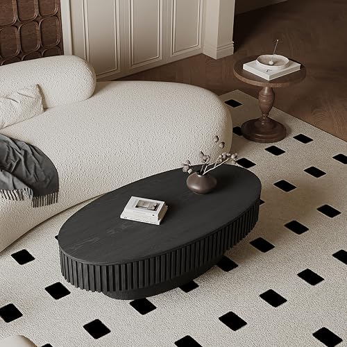 31.5" Round Drum Coffee Table with Storage, Handcraft Fluted Drum Coffee Table, Modern Wooden Circle Cocktail Tea Table Center Table with Sturdy Pedestal for Living Room Apartment (Walnut)
