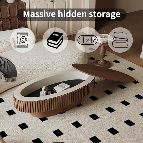 31.5" Round Drum Coffee Table with Storage, Handcraft Fluted Drum Coffee Table, Modern Wooden Circle Cocktail Tea Table Center Table with Sturdy Pedestal for Living Room Apartment (Walnut)