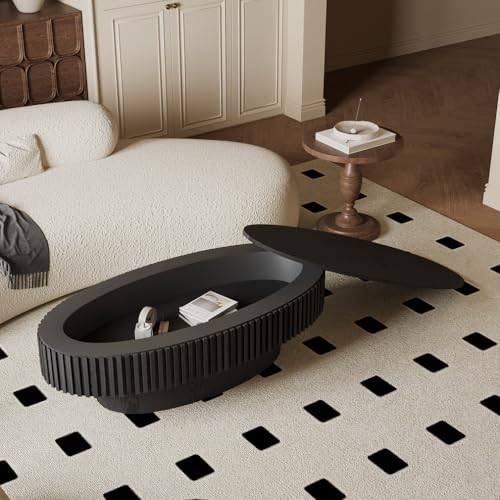 31.5" Round Drum Coffee Table with Storage, Handcraft Fluted Drum Coffee Table, Modern Wooden Circle Cocktail Tea Table Center Table with Sturdy Pedestal for Living Room Apartment (Walnut)