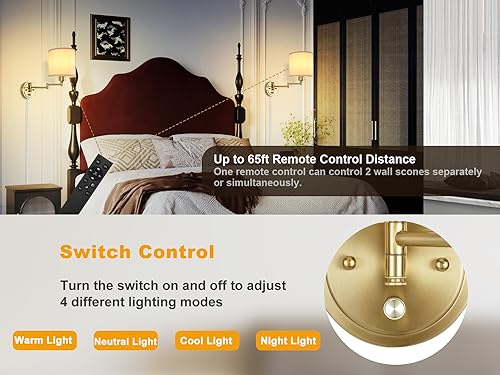 Plug in Wall Sconces with Remote Control, Dimming 10%-100% & Adjustable Colors 2700K-6500K, Hardwire or Plug-in, Swing Arm Wall Lamp with Linen Fabric Shade, Wall Sconces Set of Two, Black Finish