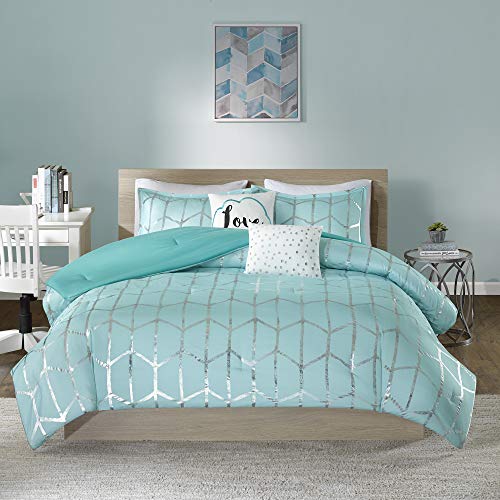 Intelligent Design, Soft Microfiber Comforter Modern Geometric Metallic Bed Set, Full/Queen, Grey/Silver