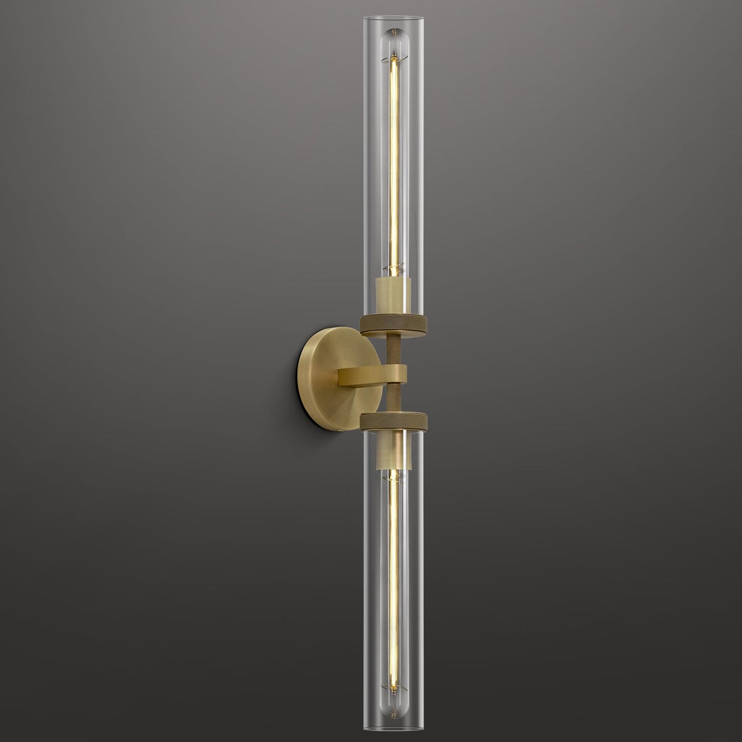 Brass Wall Sconces Set of Two, 19" Knurled Gold Sconces Wall Lighting, Tube Glass Bathroom Sconces Wall Lights for Bedroom Living Room Vanity Sconce Wall Lamp for Hallway, Staircase