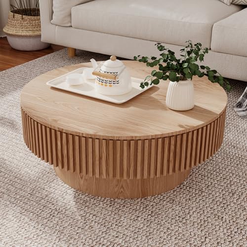 31.5" Round Drum Coffee Table with Storage, Handcraft Fluted Drum Coffee Table, Modern Wooden Circle Cocktail Tea Table Center Table with Sturdy Pedestal for Living Room Apartment (Walnut)