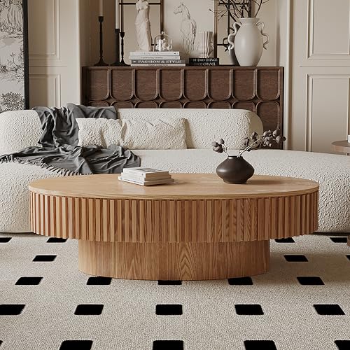 31.5" Round Drum Coffee Table with Storage, Handcraft Fluted Drum Coffee Table, Modern Wooden Circle Cocktail Tea Table Center Table with Sturdy Pedestal for Living Room Apartment (Walnut)