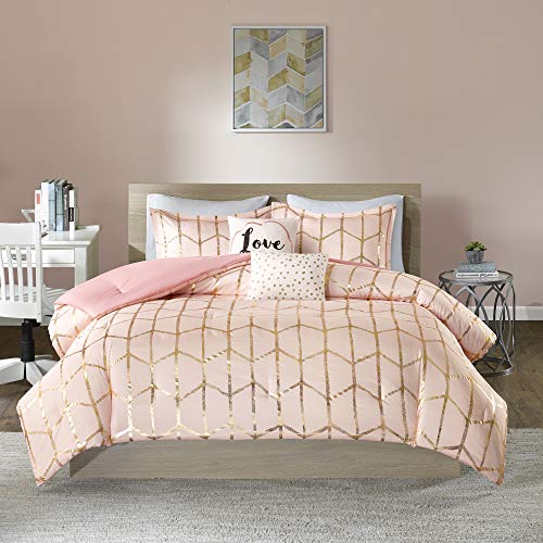Intelligent Design, Soft Microfiber Comforter Modern Geometric Metallic Bed Set, Full/Queen, Grey/Silver