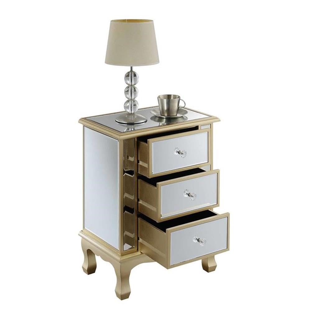 Convenience Concepts Gold Coast Vineyard Mirrored End Table 19" - Living Room Table with 3 Drawers for Storage, Nightstand Side Table, Weathered White/Mirror