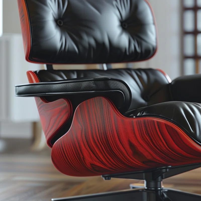 Top Black Grain Leather, Mid Century Chaise Lounge Chair and Ottoman, Modern Chair Classic Design, Walnut Wood, Heavy Duty Base Support for Living Room Office