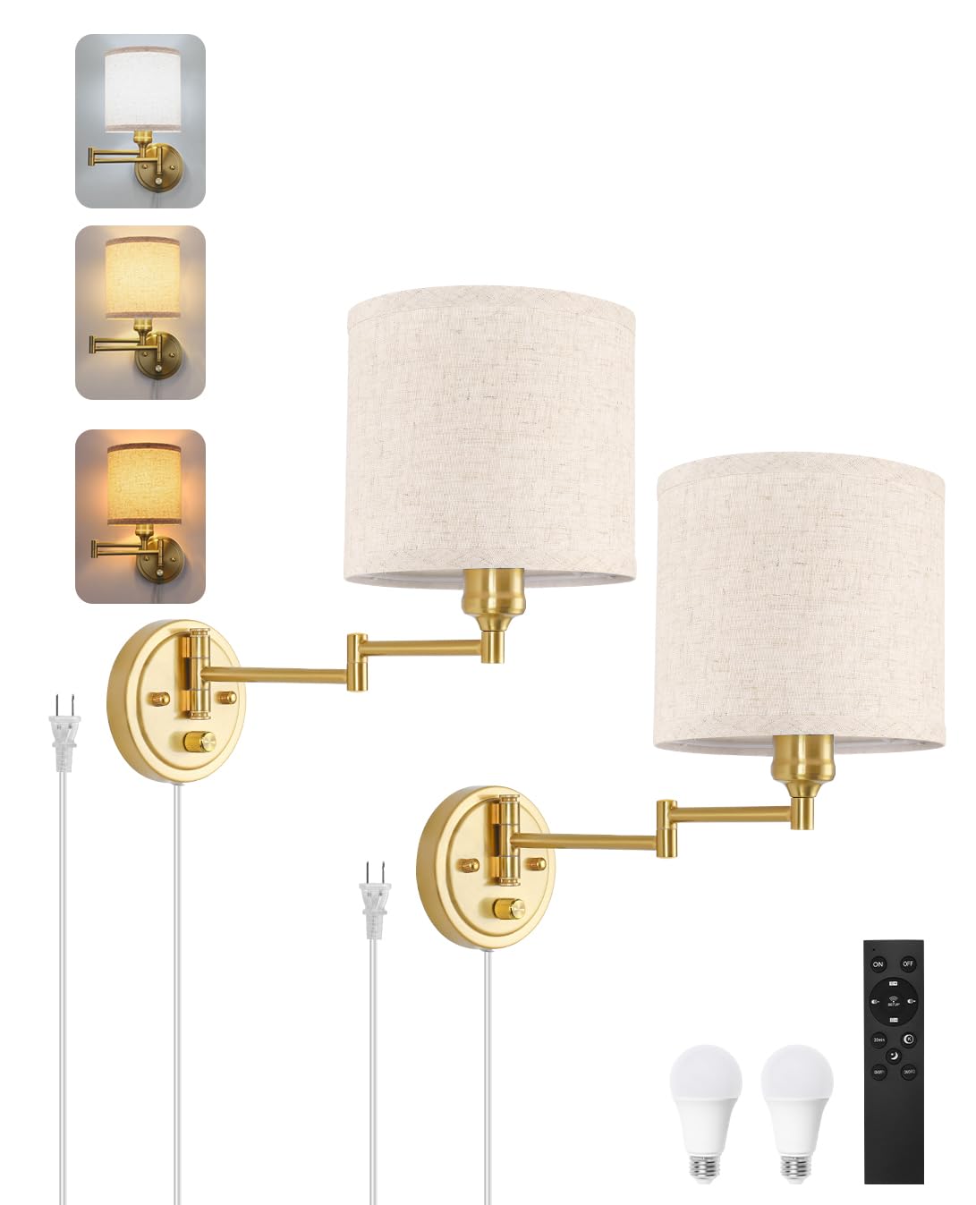 Plug in Wall Sconces with Remote Control, Dimming 10%-100% & Adjustable Colors 2700K-6500K, Hardwire or Plug-in, Swing Arm Wall Lamp with Linen Fabric Shade, Wall Sconces Set of Two, Black Finish
