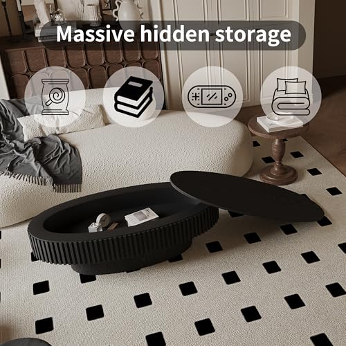 31.5" Round Drum Coffee Table with Storage, Handcraft Fluted Drum Coffee Table, Modern Wooden Circle Cocktail Tea Table Center Table with Sturdy Pedestal for Living Room Apartment (Walnut)