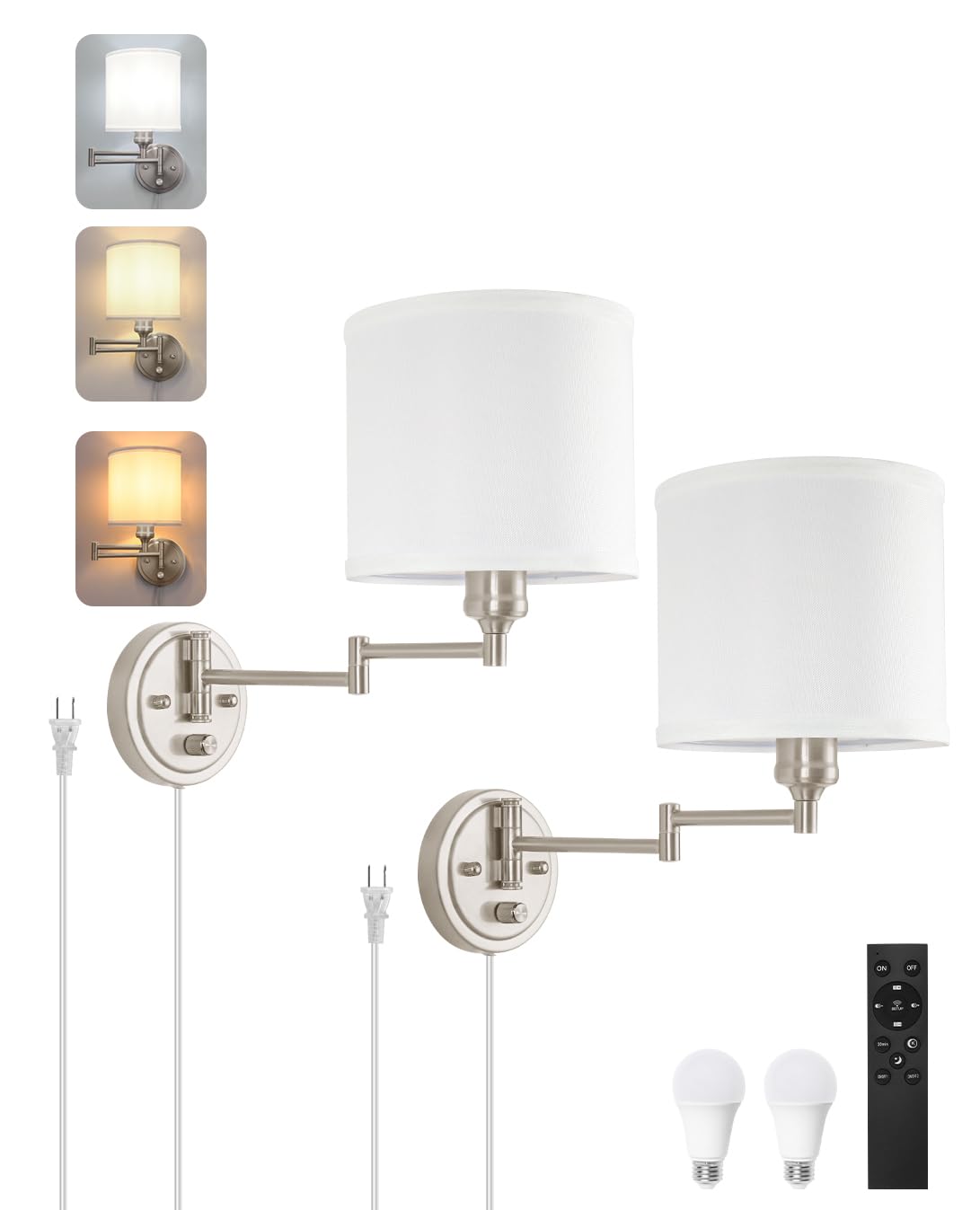 Plug in Wall Sconces with Remote Control, Dimming 10%-100% & Adjustable Colors 2700K-6500K, Hardwire or Plug-in, Swing Arm Wall Lamp with Linen Fabric Shade, Wall Sconces Set of Two, Black Finish