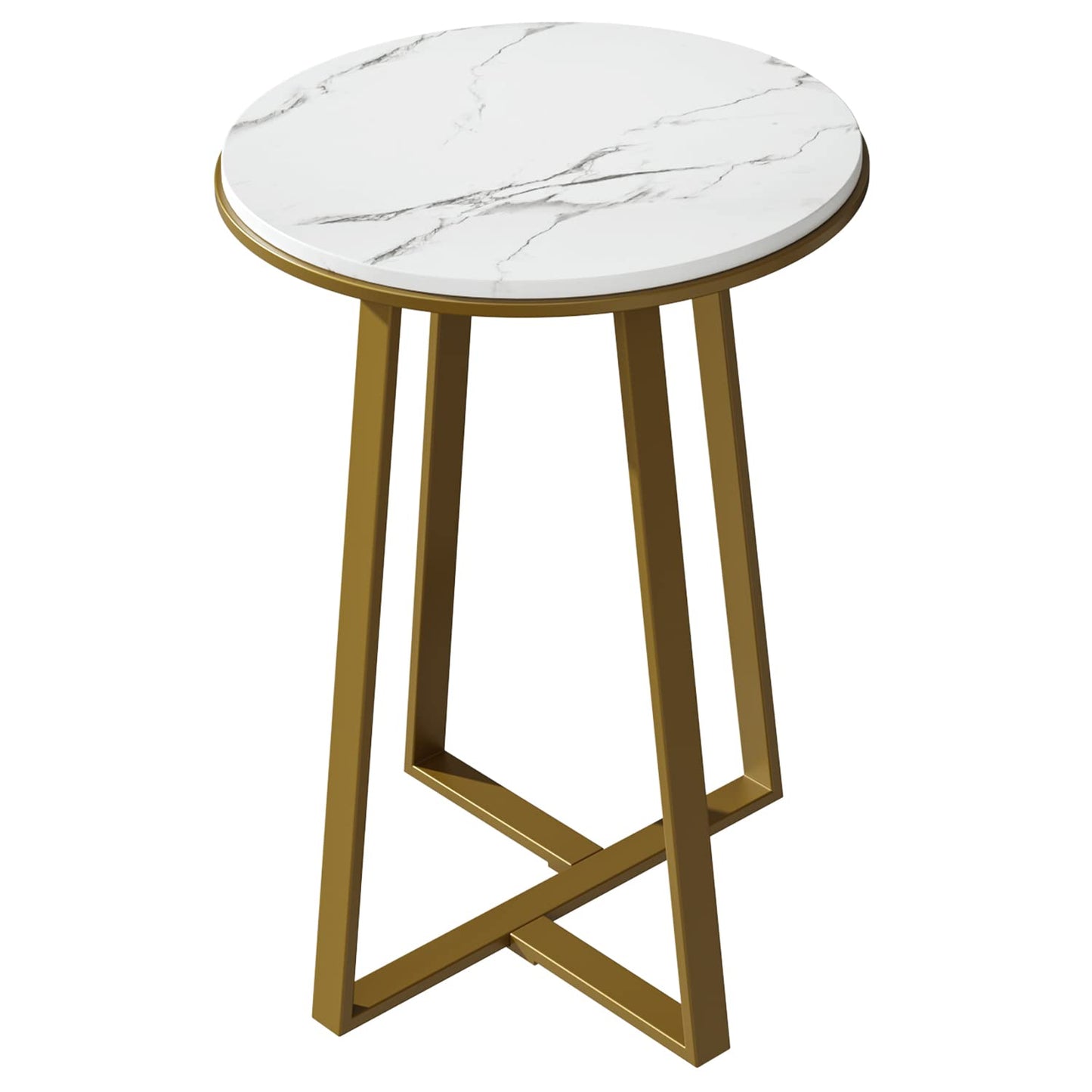 Round End Tables, Small Side Table White Marble Texture MDF Top,Metal Frame Gold Color, Tall End Table for Bed Room,Coffee Tea End Table for Living Room (White Marble+Gold)