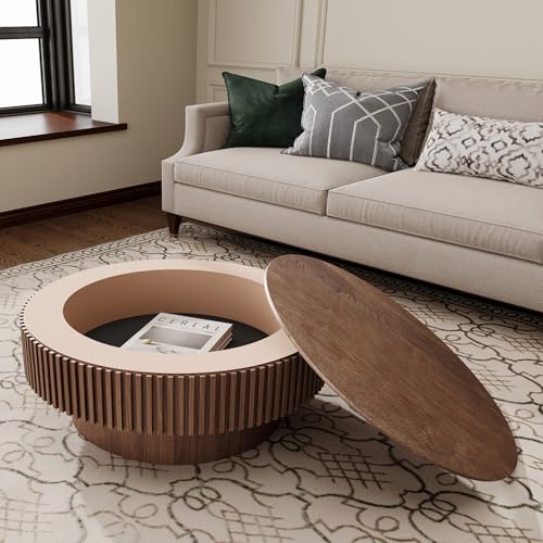 31.5" Round Drum Coffee Table with Storage, Handcraft Fluted Drum Coffee Table, Modern Wooden Circle Cocktail Tea Table Center Table with Sturdy Pedestal for Living Room Apartment (Walnut)