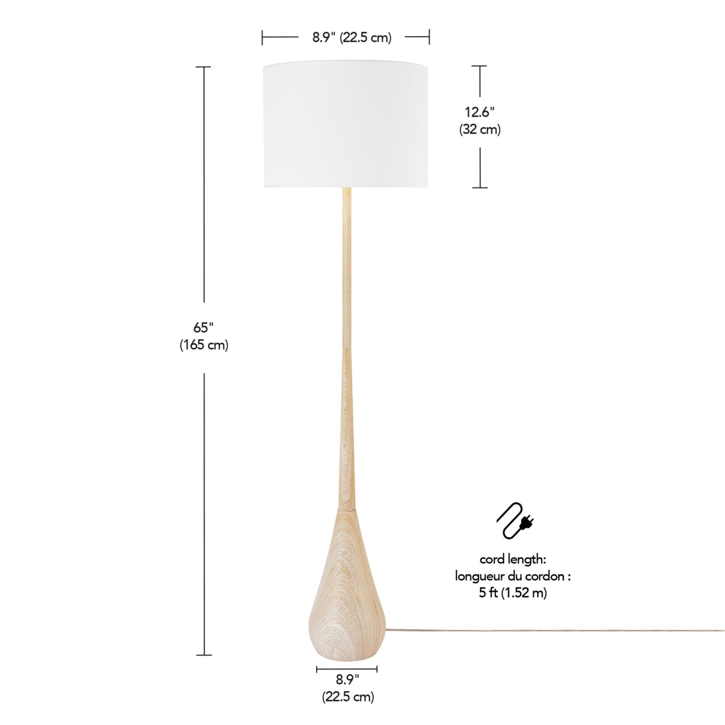 GLOBE Electric Novogratz x Harrington 65" Floor Lamp, 2-Tone Faux Wood Base, White Fabric Shade, Socket Rotary Switch 67225
