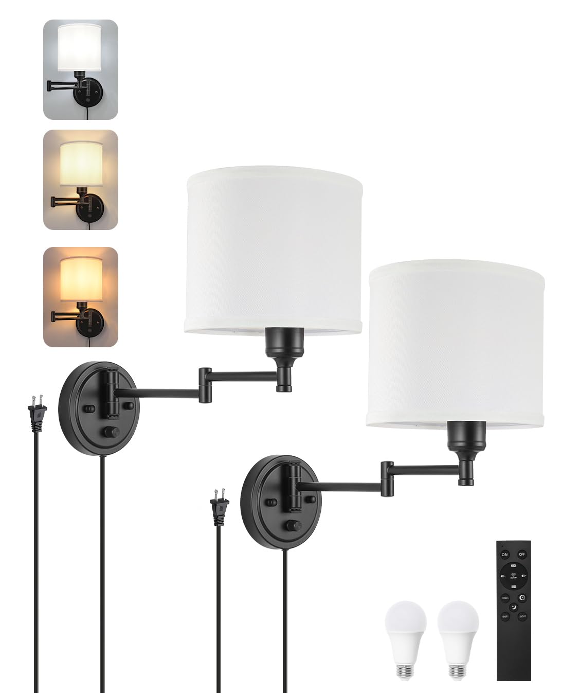 Plug in Wall Sconces with Remote Control, Dimming 10%-100% & Adjustable Colors 2700K-6500K, Hardwire or Plug-in, Swing Arm Wall Lamp with Linen Fabric Shade, Wall Sconces Set of Two, Black Finish