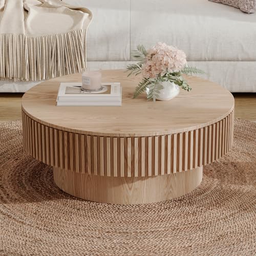 31.5" Round Drum Coffee Table with Storage, Handcraft Fluted Drum Coffee Table, Modern Wooden Circle Cocktail Tea Table Center Table with Sturdy Pedestal for Living Room Apartment (Walnut)