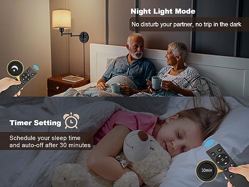 Plug in Wall Sconces with Remote Control, Dimming 10%-100% & Adjustable Colors 2700K-6500K, Hardwire or Plug-in, Swing Arm Wall Lamp with Linen Fabric Shade, Wall Sconces Set of Two, Black Finish