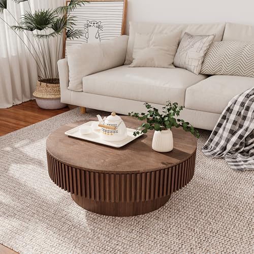 31.5" Round Drum Coffee Table with Storage, Handcraft Fluted Drum Coffee Table, Modern Wooden Circle Cocktail Tea Table Center Table with Sturdy Pedestal for Living Room Apartment (Walnut)