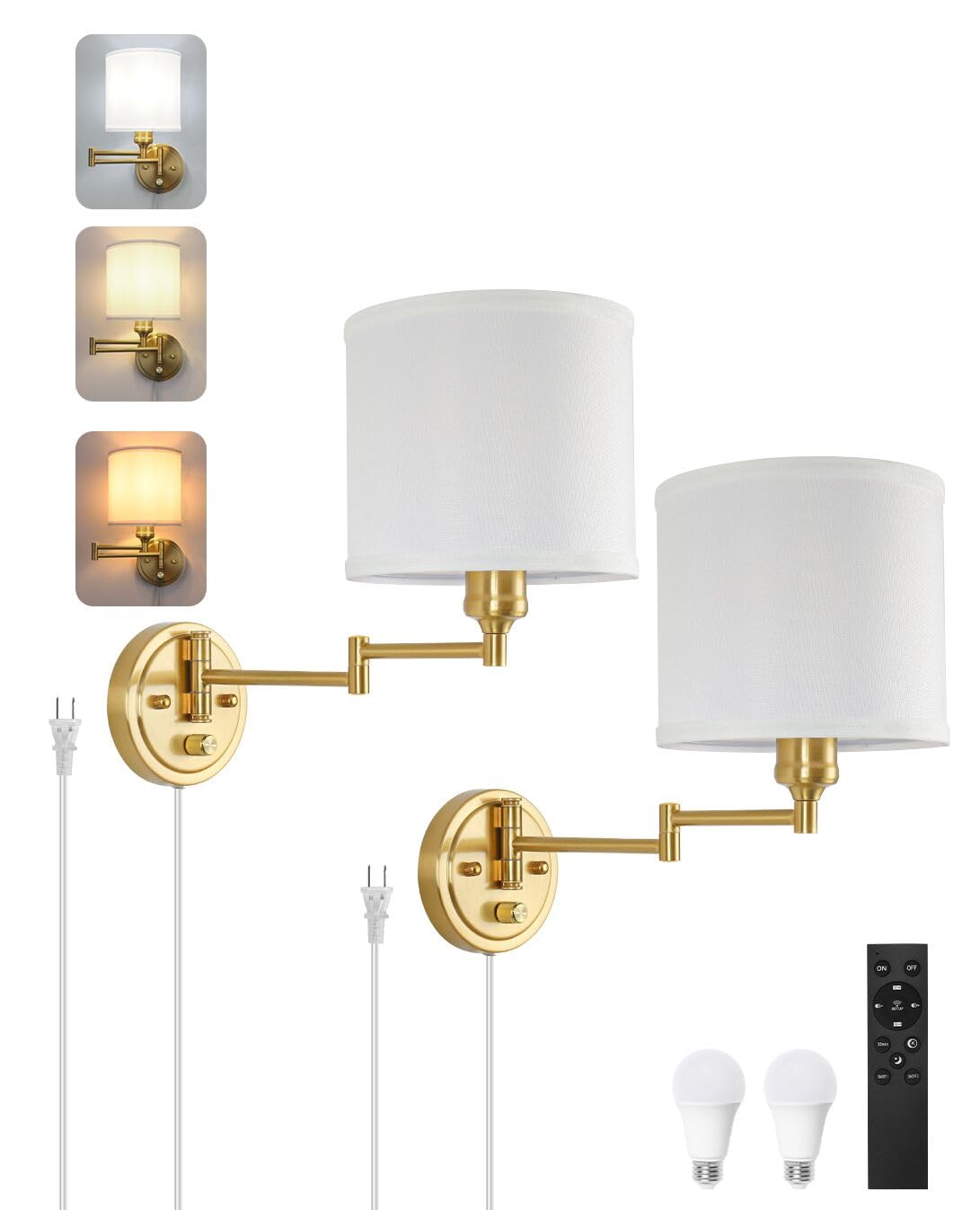 Plug in Wall Sconces with Remote Control, Dimming 10%-100% & Adjustable Colors 2700K-6500K, Hardwire or Plug-in, Swing Arm Wall Lamp with Linen Fabric Shade, Wall Sconces Set of Two, Black Finish